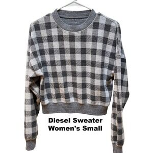 Diesel Women Grey Black Buffalo Plaid Cropped Crewneck Sweater Size Small